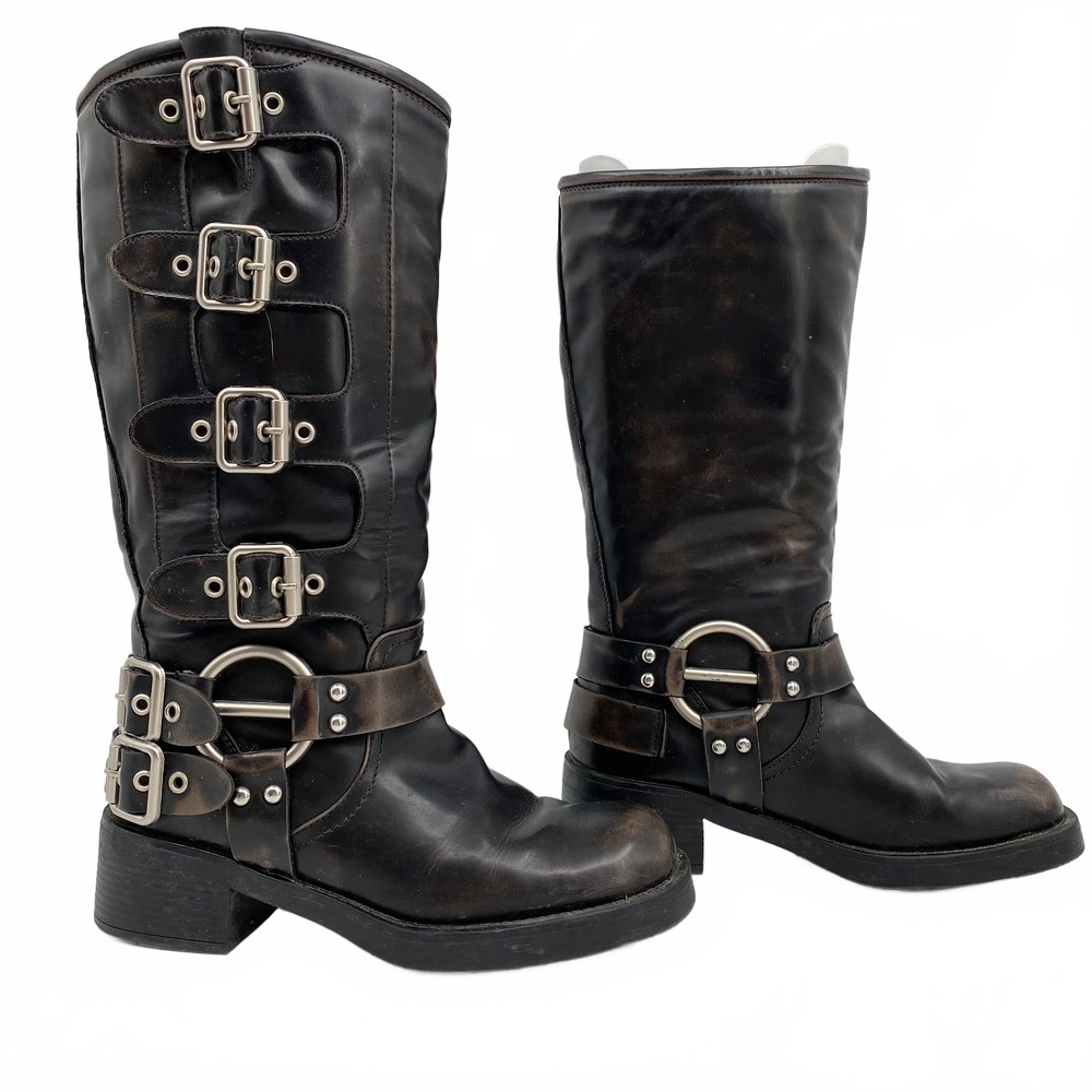 Dream Pairs Black Brown Buckle Harness Moto Tall Boots | Womens 8